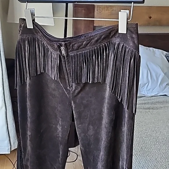 Genuine Leather Dark Brown Pants with Fringe Details  Size 8 Aprox - Picture 2 of 16